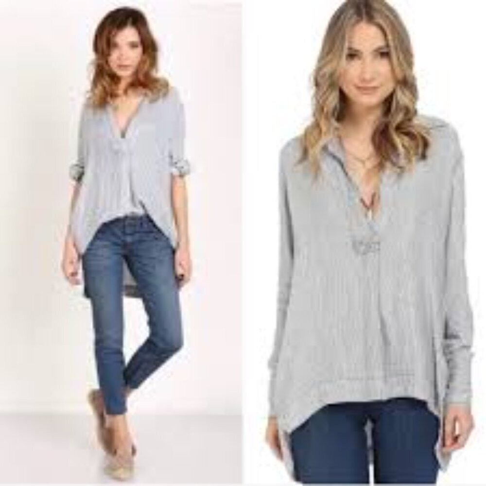 ✅ Free People Long Shirt Tunic Top Size‎ M Blue White Stripe Wide Cuffs Boho